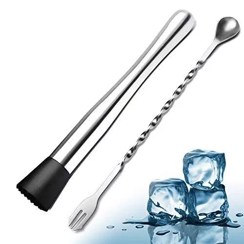10-inch-stainless-steel-cocktail-muddler-mixing-spoon-2-pieces-home-bar-tool-bar 10 Inch Stainless Steel Cocktail Muddler and Mixing Spoon, 2 Pieces Home Bar Tool Bartender Set for Cocktails Mojitos Ice Fruit Drinks
