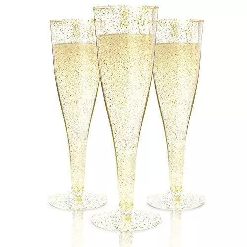 100-plastic-champagne-flutes-disposable-gold-glitter-plastic-champagne-glasses-p 100 Plastic Champagne Flutes Disposable | Gold Glitter Plastic Champagne Glasses for Parties | Glitter Clear Plastic Cups | Plastic Toasting Glasses | Mimosa Glasses | Wedding Party Bulk Pack
