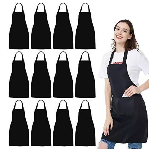 12-pack-bib-apron-unisex-black-apron-bulk-with-2-roomy-pockets-machine-washable- 12 Pack Bib Apron - Unisex Black Apron Bulk with 2 Roomy Pockets Machine Washable for Kitchen Crafting BBQ Drawing
