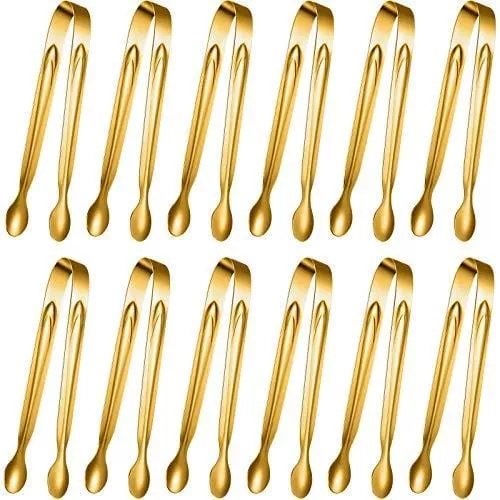 12-pieces-sugar-tongs-ice-tongs-stainless-steel-mini-serving-tongs-appetizers-to 12 Pieces Sugar Tongs Ice Tongs Stainless Steel Mini Serving Tongs Appetizers Tongs Small Kitchen Tongs for Tea Party Coffee Bar Kitchen (Gold, 6 Inch)