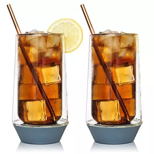 13-oz-glass-highball-cups-set-2-clear-long-high-glasses-cocktail-drinkware-glass 13 oz Glass Highball Cups - Set of 2 - Clear Long High Glasses - Cocktail Drinkware Glassware - Modern Base Tumbler for Tea Water or Drinks by Eparé