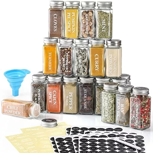 aozita-24-pcs-glass-spice-jars-bottles-with-spice-labels-4oz-empty-square-spice- AOZITA 24 Pcs Glass Spice Jars / Bottles with Spice Labels - 4oz Empty Square Spice Containers, Condiment Pot - Shaker Lids and Airtight Metal Caps - Silicone Collapsible Funnel Included
