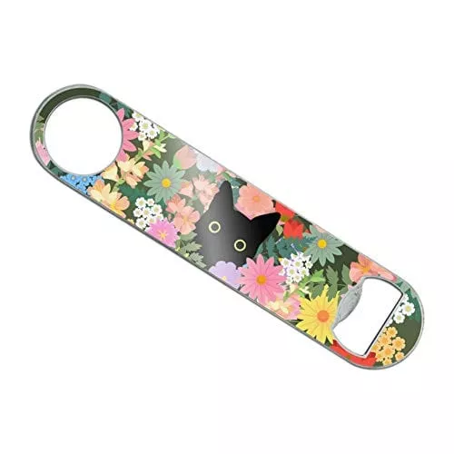 Black Cat Hiding in Spring Flowers Stainless Steel Vinyl Covered Flat Bartender Speed Bar Bottle Opener