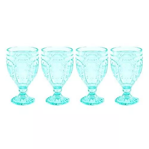 Fitz and Floyd Trestle Glassware Ornate Goblets, Set of 4, Aqua