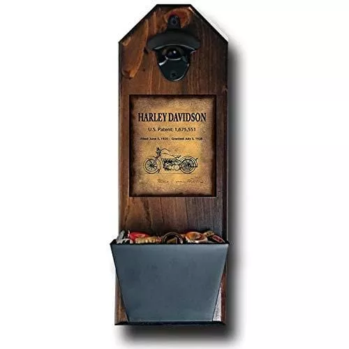 harley-davidson-motorcycle-patent-vintage-bike-wall-mounted-bottle-opener-cap-ca "Harley Davidson - Motorcycle Patent of Vintage Bike" Wall Mounted Bottle Opener and Cap Catcher - Made of 100% Solid Pine 3/4" Thick - Rustic Sign