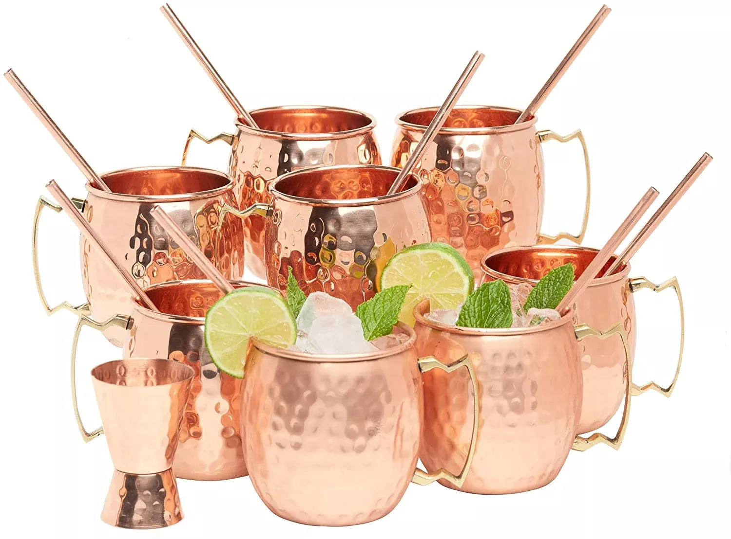 Kitchen Science [Gift Set] Moscow Mule Copper Mugs Set of 8 (16oz) w/Straws & Jigger | 100% Pure Copper Cups, Tarnish-Resistant Food Grade Lacquered Finish, Ergonomic Handle (No Rivet) w/Solid Grip