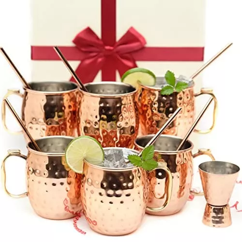 Kitchen Science [Gift Set] Moscow Mule Mugs, Stainless Steel Lined Copper Moscow Mule Cups Set of 8 (18oz) w/Straws, Jigger, Spoon & Brush | Tarnish-Resistant Stainless Steel Interior