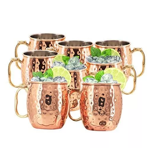 Kitchen Science Moscow Mule Mugs Set of 8| Food Safe | High Grade Stainless Steel Mugs with Pure Copper Plating | Brass Handles with Thumb Rest |19 Oz | Large Size